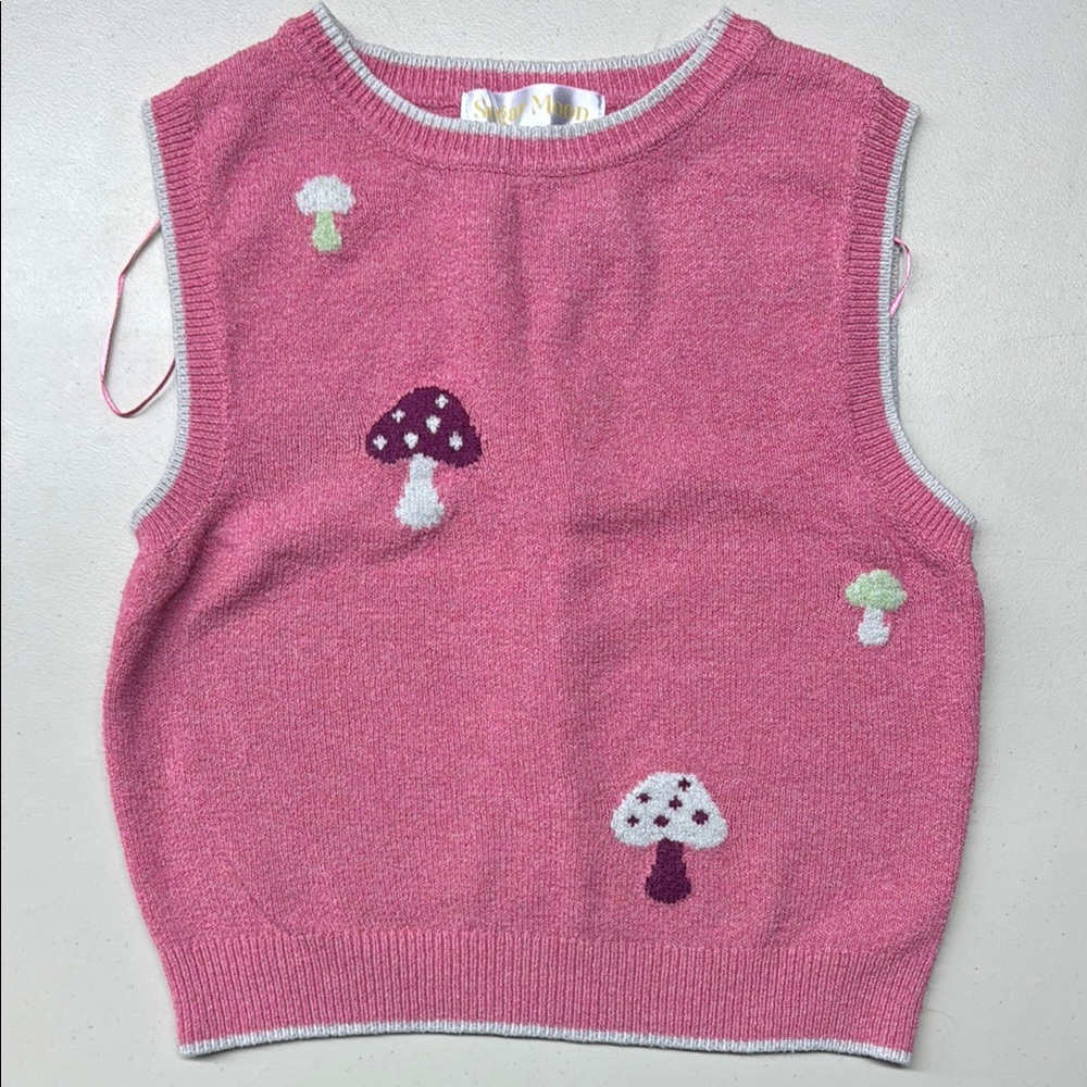 Pink Sleeveless Sweater with Mushroom Design